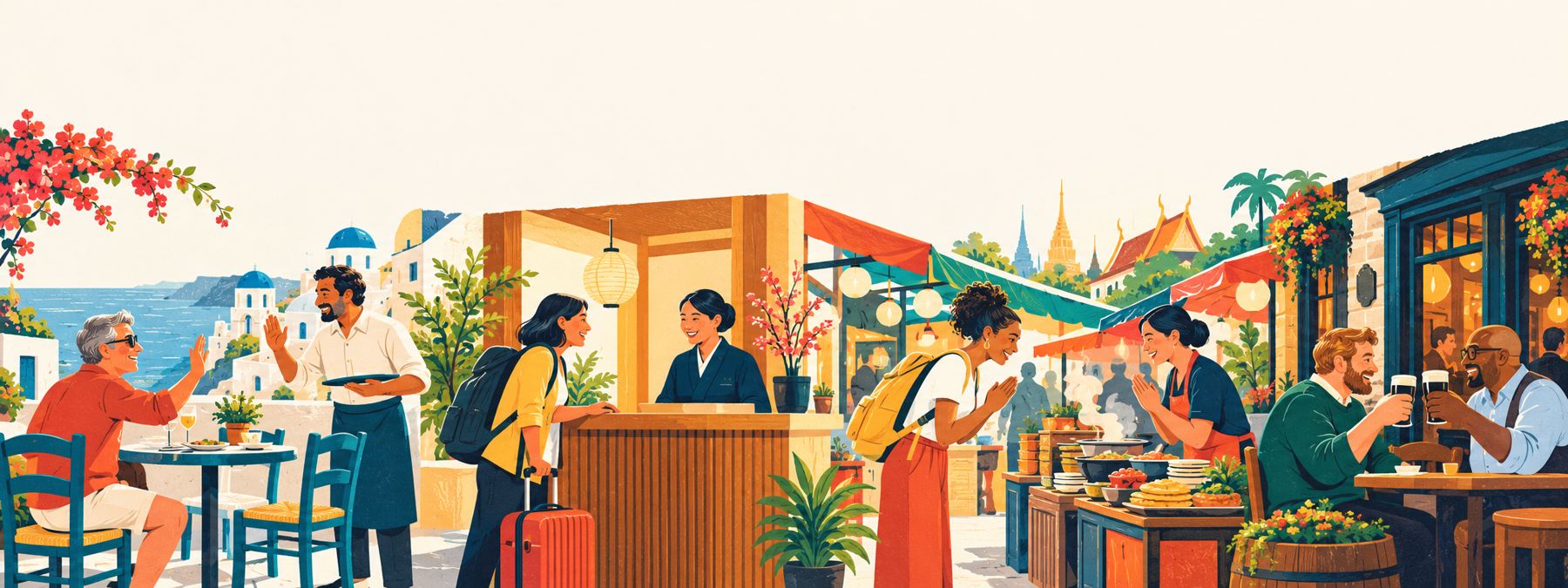 Travellers greeting locals at a Greek café, a Japanese hotel, a Thai food stall and an Irish pub