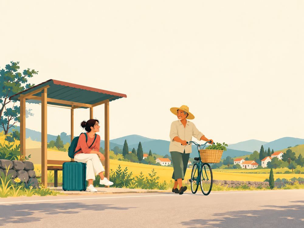 A traveller at a rural bus stop smiling at a local walking a bicycle