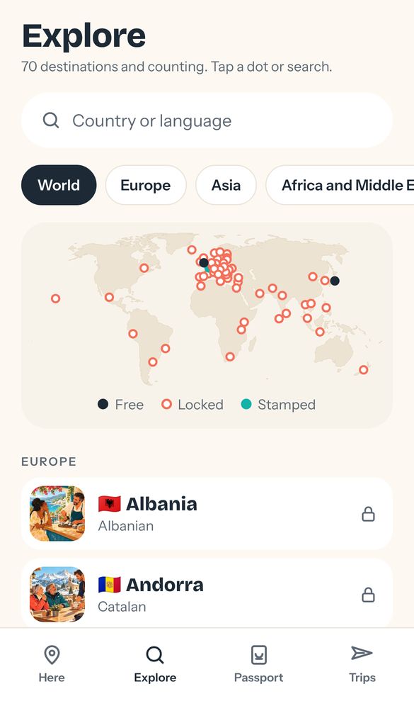 The Explore map showing every destination