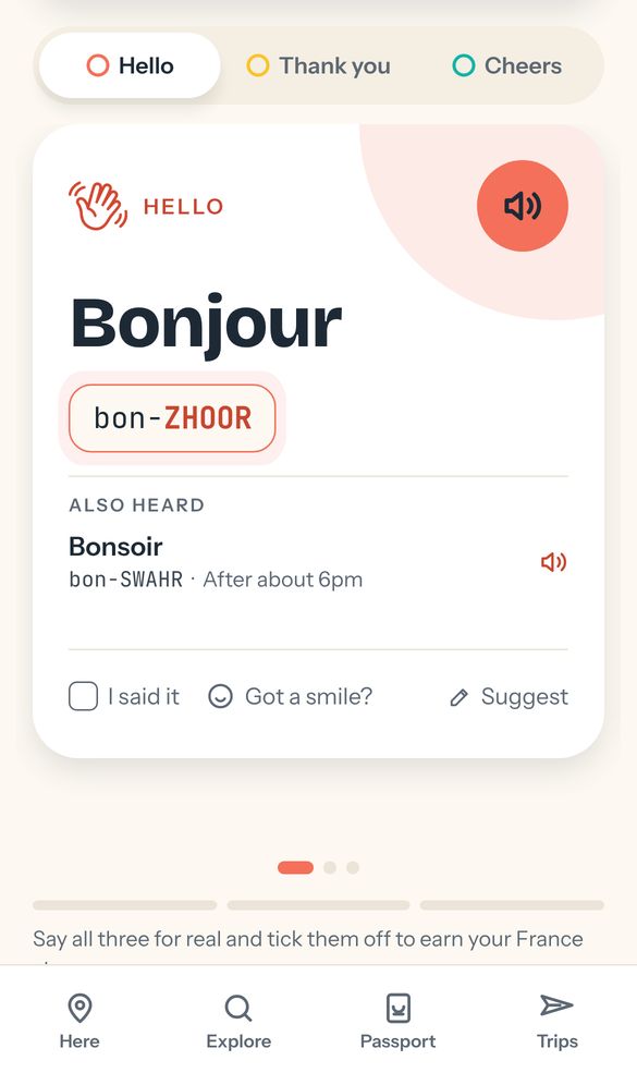 The Three Smiles app showing Bonjour, with its pronunciation bon-ZHOOR underneath